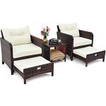 Beige Wicker Patio Furniture Set with Ottomans
