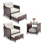 Beige Wicker Patio Furniture Set with Ottomans