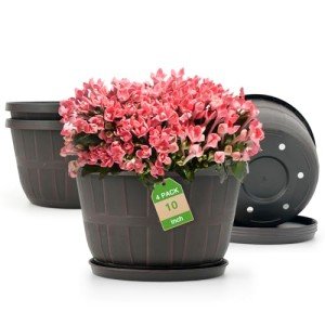 10" Brown Plastic Flower Pots with Drainage - 4 Pack