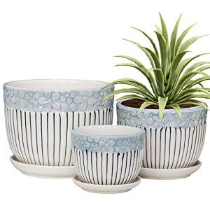 Set of 3 Grey Ceramic Flower Pots with Saucer