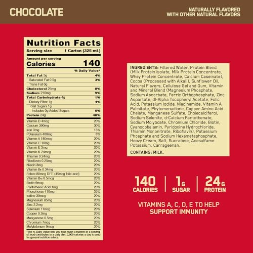 Optimum Nutrition Chocolate Protein Shake, 24g Protein