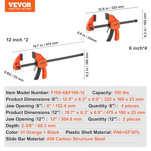 VEVOR Woodworking Bar Clamps: 4x 6" and 2x 12