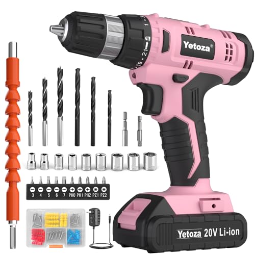 Compact Cordless Drill Set, 20V Lithium, LED Work Light, Pink