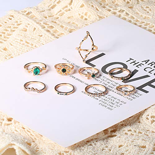 Bohemian Stackable Emerald Crystal Gold Midi Ring Set