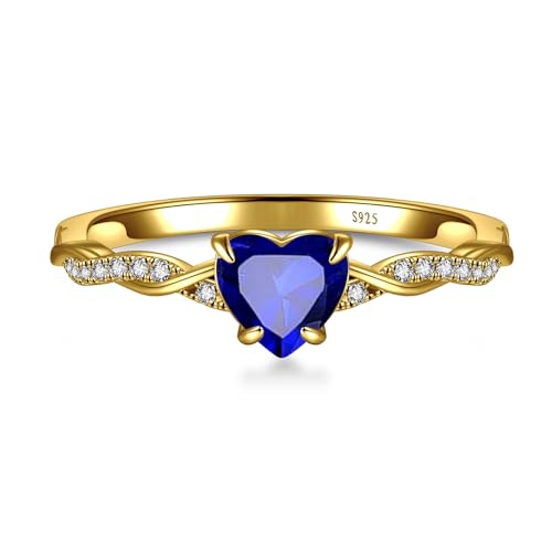 Blue Sapphire Heart Ring 14K Gold Plated Silver