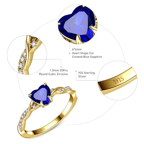 Blue Sapphire Heart Ring 14K Gold Plated Silver