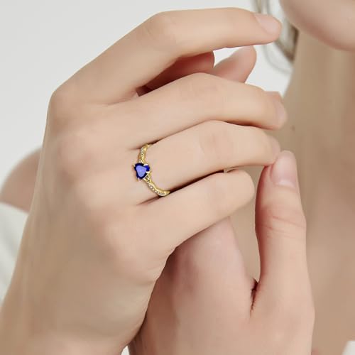 Blue Sapphire Heart Ring 14K Gold Plated Silver