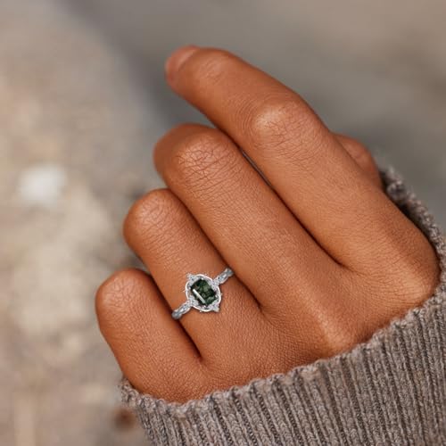 Angol Natural Moss Agate Silver Promise Ring Women