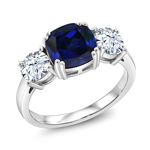 Blue Sapphire & White Zirconia Silver 3-Stone Ring