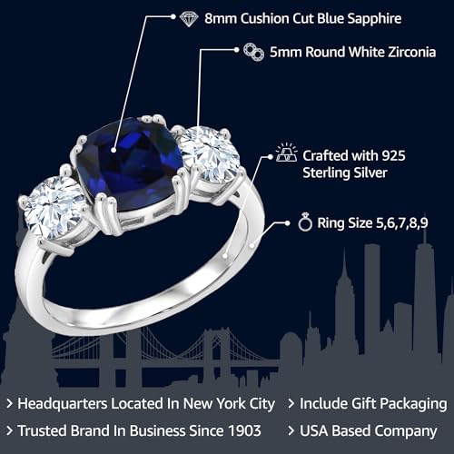 Blue Sapphire & White Zirconia Silver 3-Stone Ring