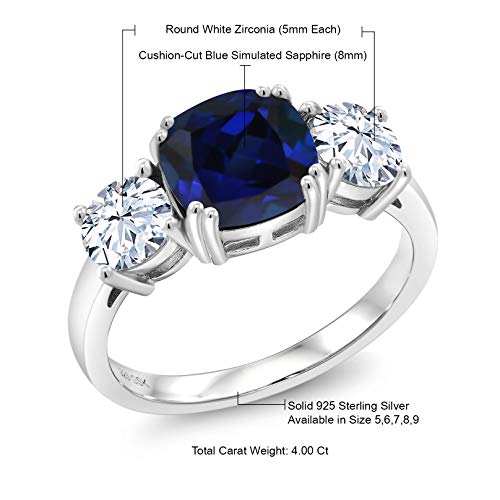 Blue Sapphire & White Zirconia Silver 3-Stone Ring