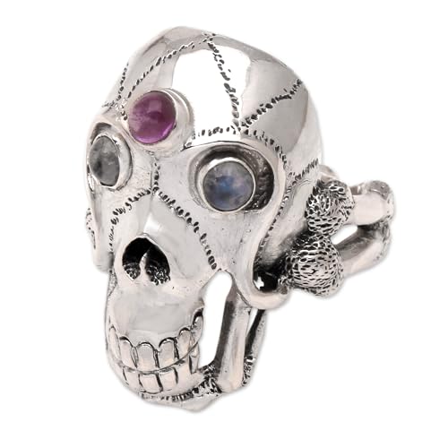 Artisan Men's Rainbow Moonstone Amethyst Skull Ring