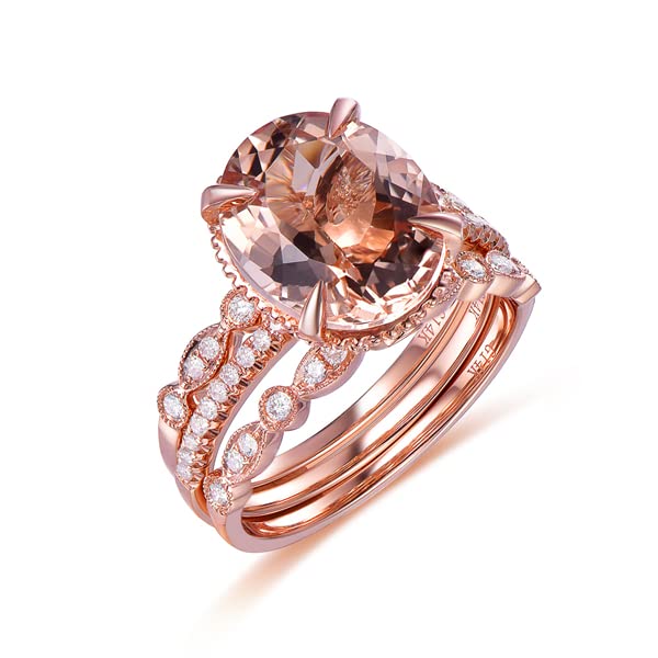 Art Deco Oval Morganite Bridal Set in Rose Gold