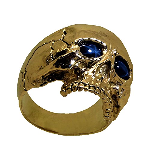 14K Yellow Gold Skull Sapphire Biker Ring