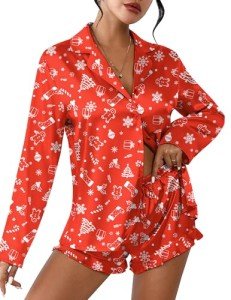Ekouaer Women’s Satin Pajama Set in Christmas Red