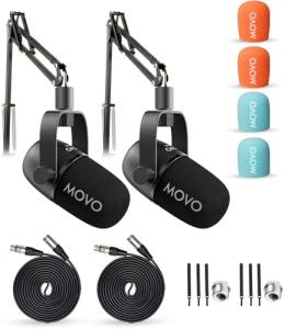 Movo 2-Pack CastMic Dynamic XLR Podcast Microphone Bundle with Mic Boom Arm for PC, Gaming, Streaming, YouTube, and Musicians - Cardioid Podcast Mic for Content Creators