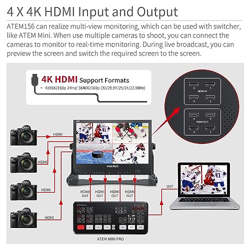 SEETEC ATEM156 15.6 Inch Live Streaming Broadcast Director Monitor with 4 HDMI Input Output Quad Split Display for ATEM Mini Pro Video Switcher Mixer Studio Television Production