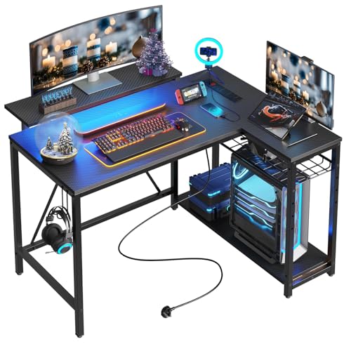 Bestier L-Shaped Gaming Desk with LED and Outlets