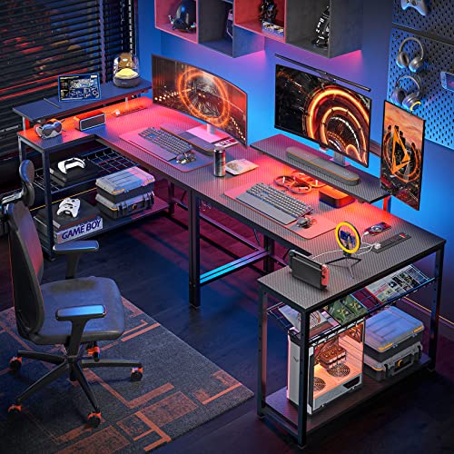 Bestier L-Shaped Gaming Desk with LED and Outlets