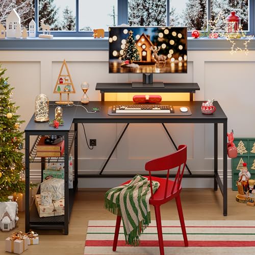 Bestier L-Shaped Gaming Desk with LED and Outlets