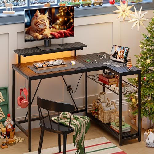 Bestier L-Shaped Gaming Desk with LED and Outlets