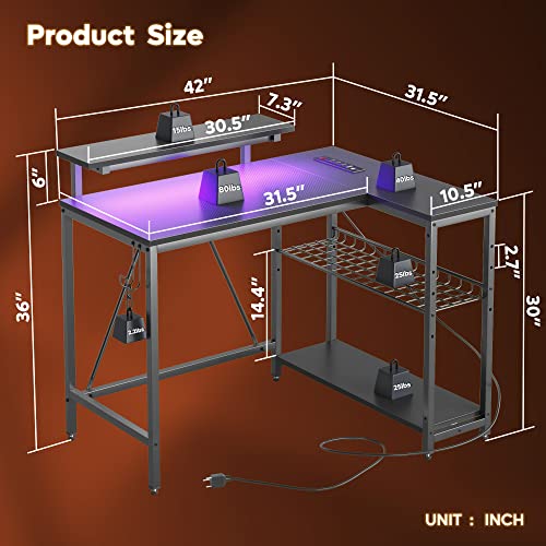 Bestier L-Shaped Gaming Desk with LED and Outlets