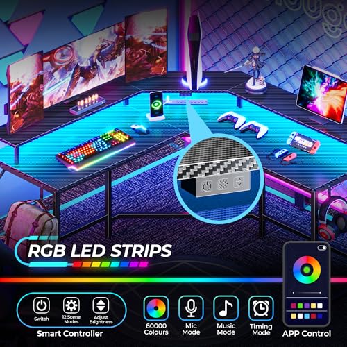 Huuger L-Shaped Gaming Desk with LED Lights