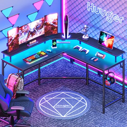 Huuger L-Shaped Gaming Desk with LED Lights