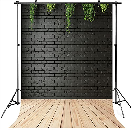 5X7FT Black Vinyl Backdrop with Wood Floor Design