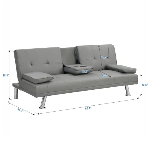 Convertible Futon Sofa Bed with Cup Holders