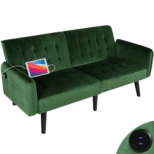 Green Velvet Convertible Futon Sofa Bed with USB Ports