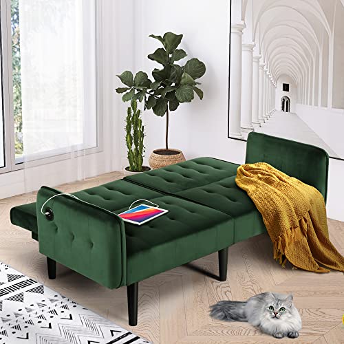 Green Velvet Convertible Futon Sofa Bed with USB Ports
