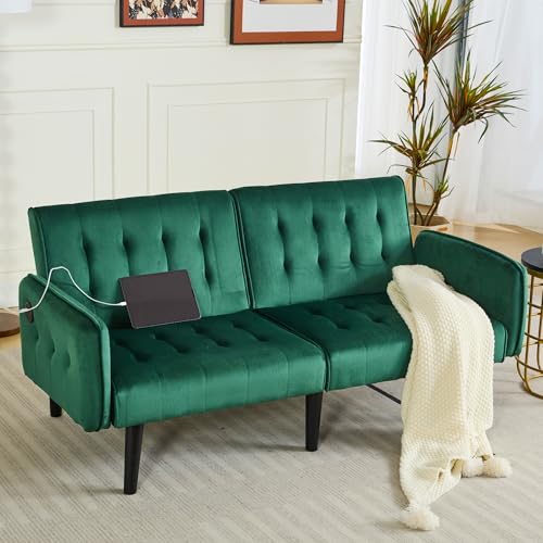 Green Velvet Convertible Futon Sofa Bed with USB Ports