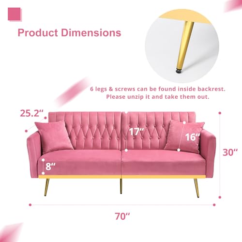 ACMEASE 70” Velvet Convertible Sofa Bed - Pink