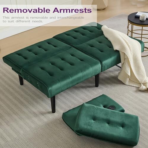Green Velvet Convertible Futon Sofa Bed with USB Ports