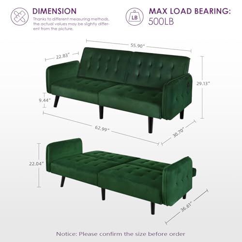 Green Velvet Convertible Futon Sofa Bed with USB Ports