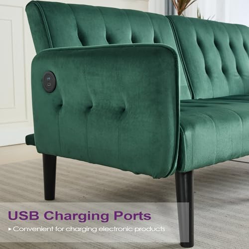 Green Velvet Convertible Futon Sofa Bed with USB Ports