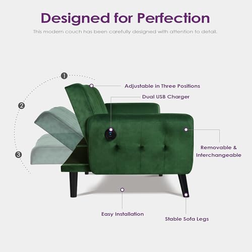 Green Velvet Convertible Futon Sofa Bed with USB Ports