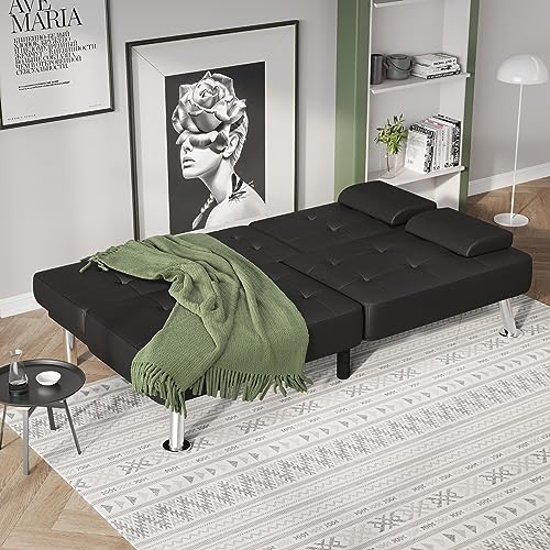 Flamaker Modern Folding Futon Sofa Bed with Cup Holders