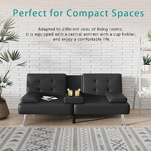 Flamaker Modern Folding Futon Sofa Bed with Cup Holders