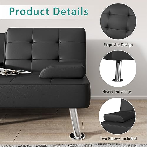 Flamaker Modern Folding Futon Sofa Bed with Cup Holders