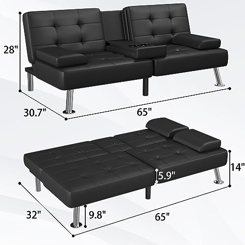 Flamaker Modern Folding Futon Sofa Bed with Cup Holders