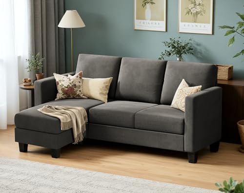 Compact L-Shaped Sofa with Linen Ottoman - Dark Gray