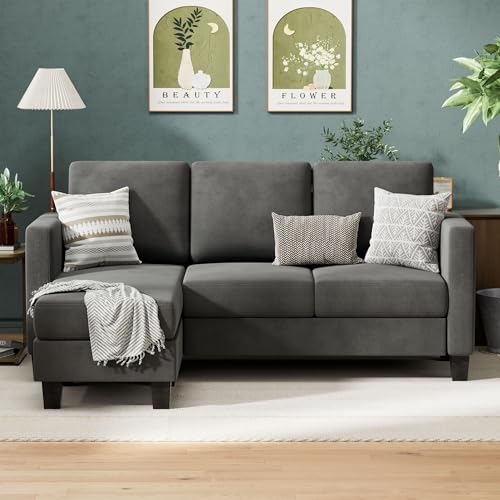 Compact L-Shaped Sofa with Linen Ottoman - Dark Gray