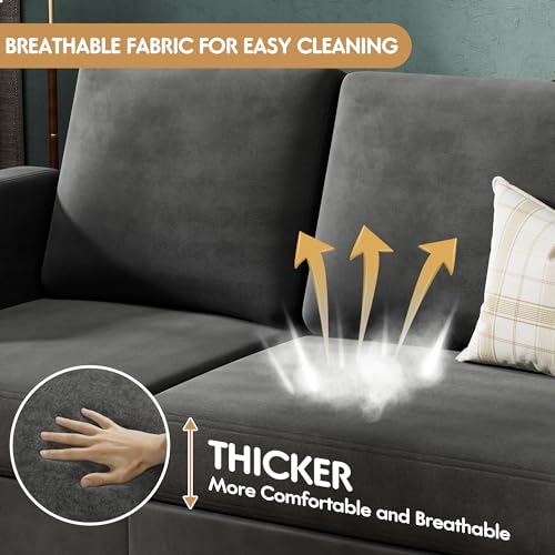 Compact L-Shaped Sofa with Linen Ottoman - Dark Gray