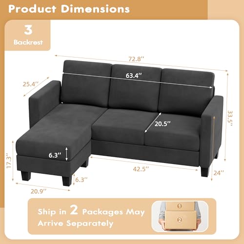Compact L-Shaped Sofa with Linen Ottoman - Dark Gray