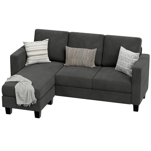 Compact L-Shaped Sofa with Linen Ottoman - Dark Gray