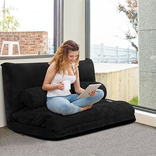 Adjustable Floor Sofa Bed with 2 Cushions - Black