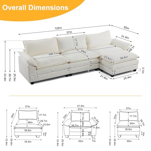 Modular 3-Seat Sofa with Ottoman - Beige