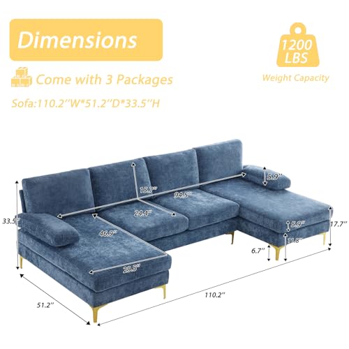 U-Shape Sectional Sofa with Chaise – Grey-Blue